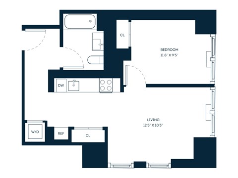Floor plan for 1 bed, 1 bath, 557 sqft